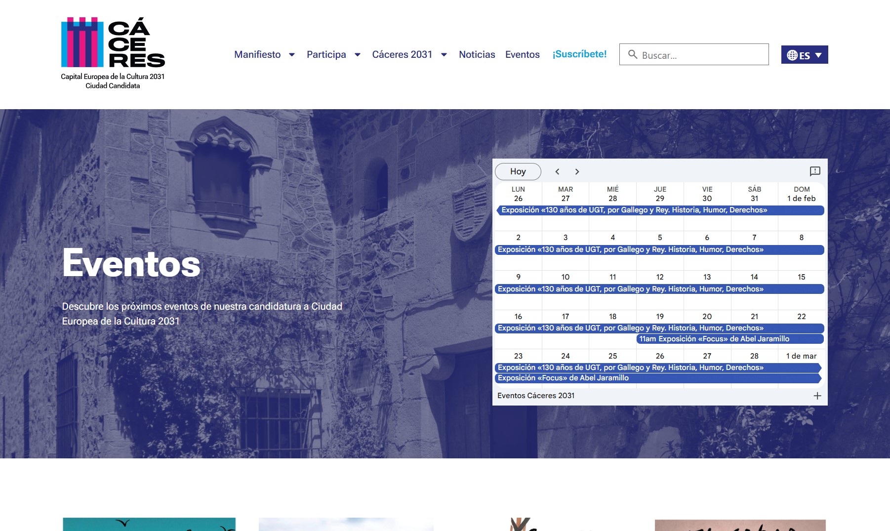 Captura de pantalla del calendario de eventos en la web de Cáceres 2031