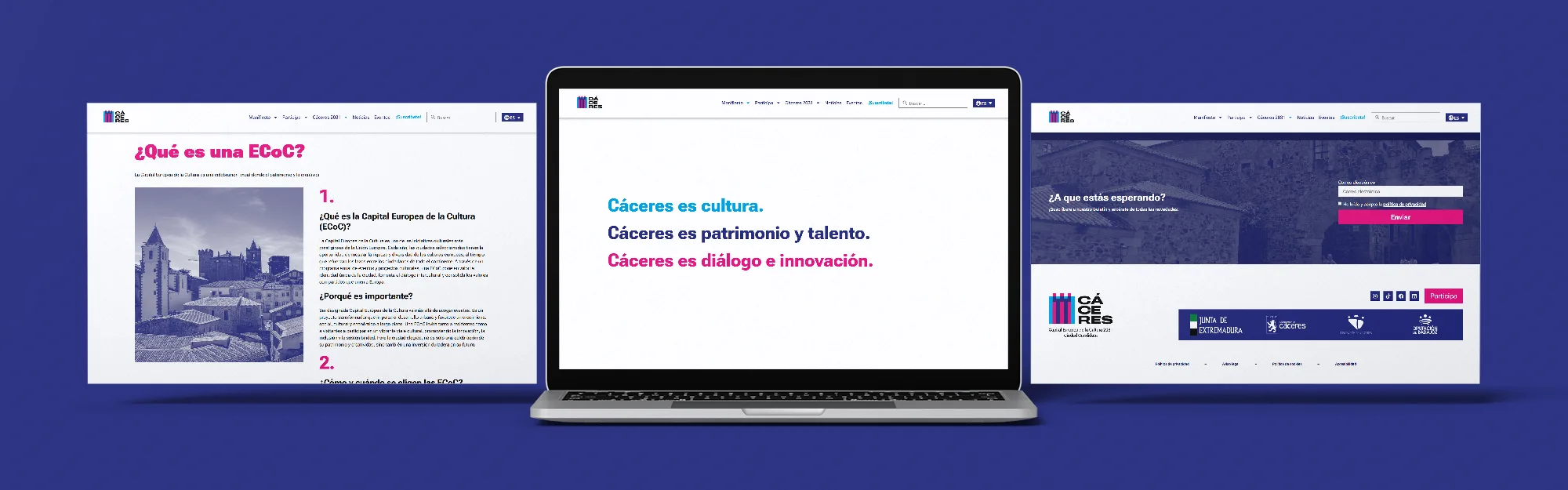 tres portátiles con la web de Cáceres 2031 abierta
