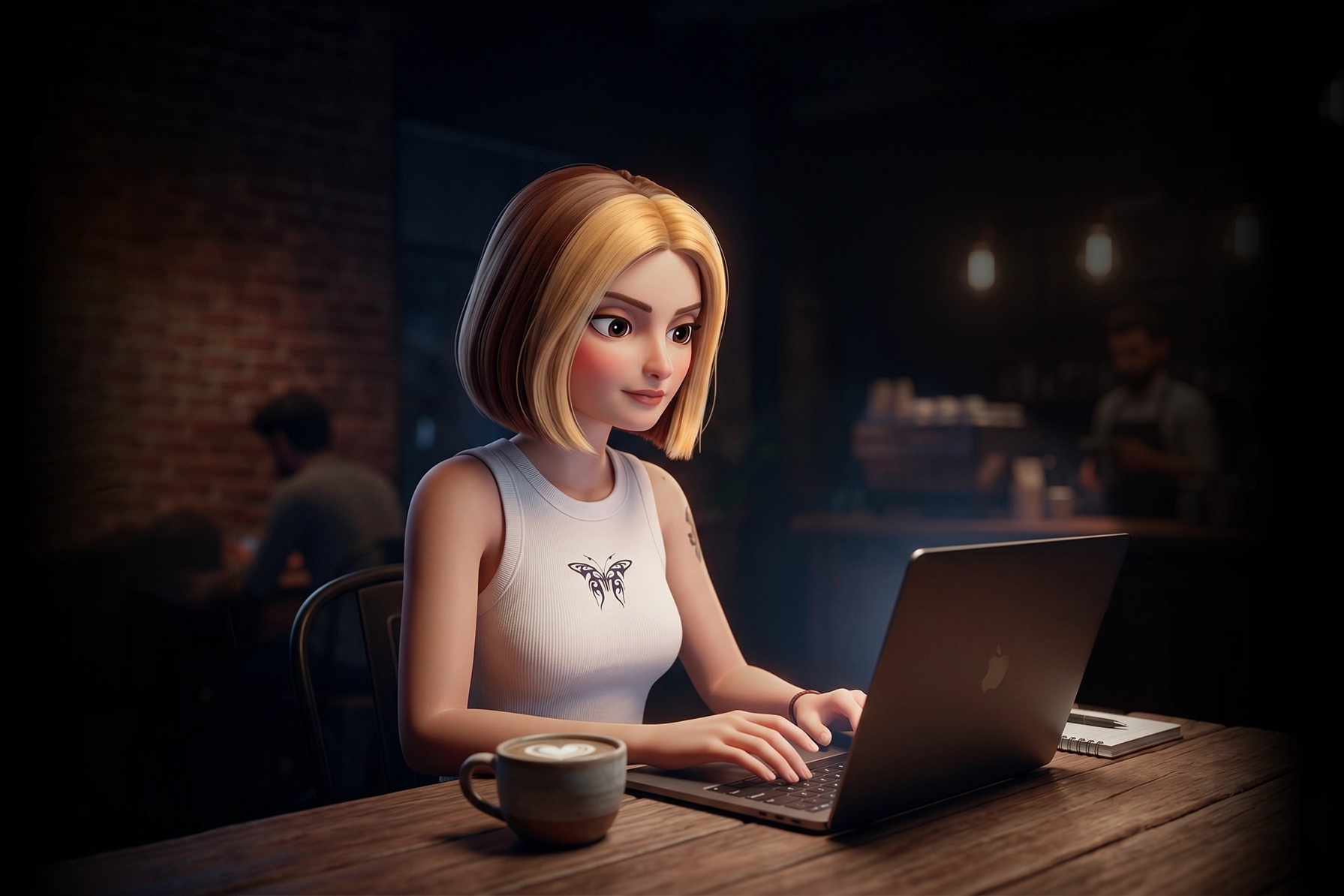 Renderizado 3d de chica trabajando con un ordenador en una cafetería