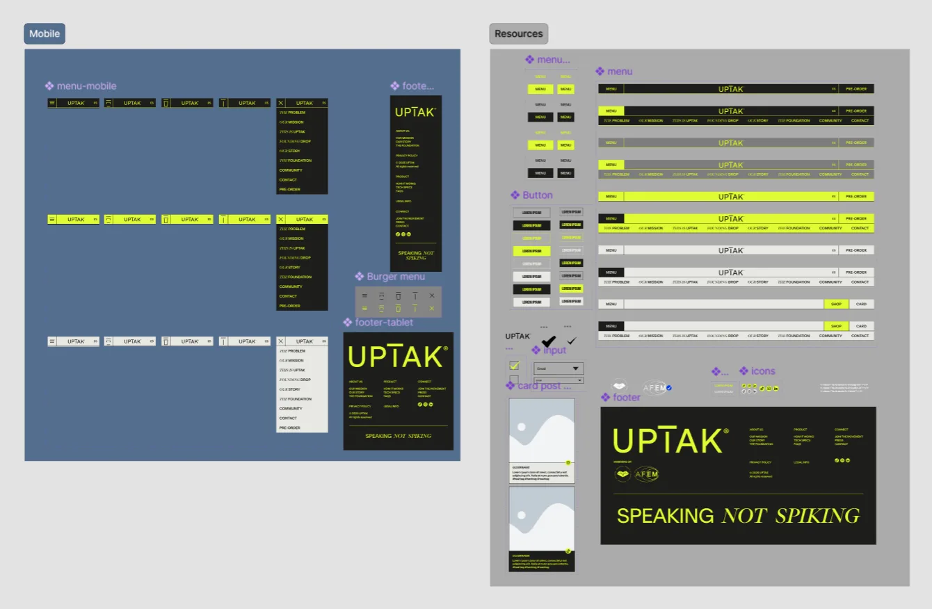 captura de pantalla de los componentes del sistema de diseño de Uptak